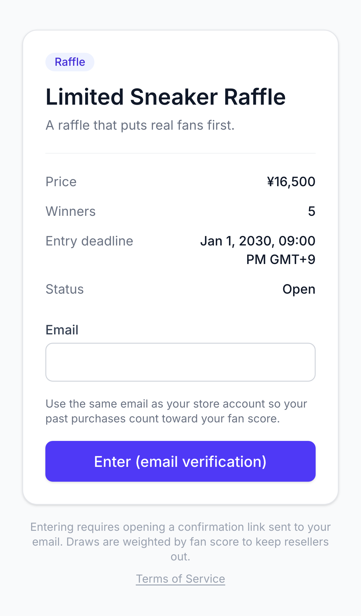 The fan-facing entry page showing raffle name, price, winner count, closing time and an email field